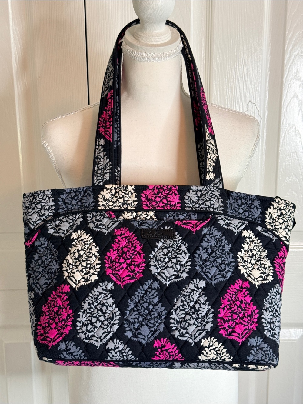 Vera Bradley Tote Shoulder Bag Northern Lights Black Pink Leaf Print Cotton